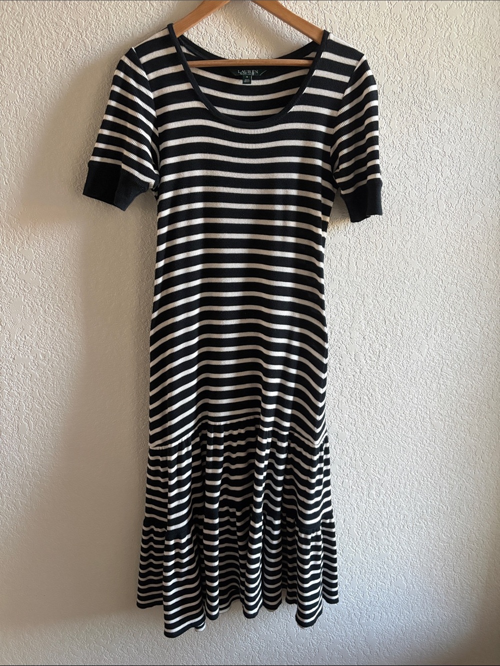 Lauren Ralph Lauren Black White Scoop Neck Short-Sleeve Stretch Maxi Dress Med